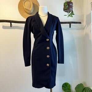 Vintage MODA Intl Blue Wool Blend Swirl Button Wrap Long Sleeve Dress Size 4